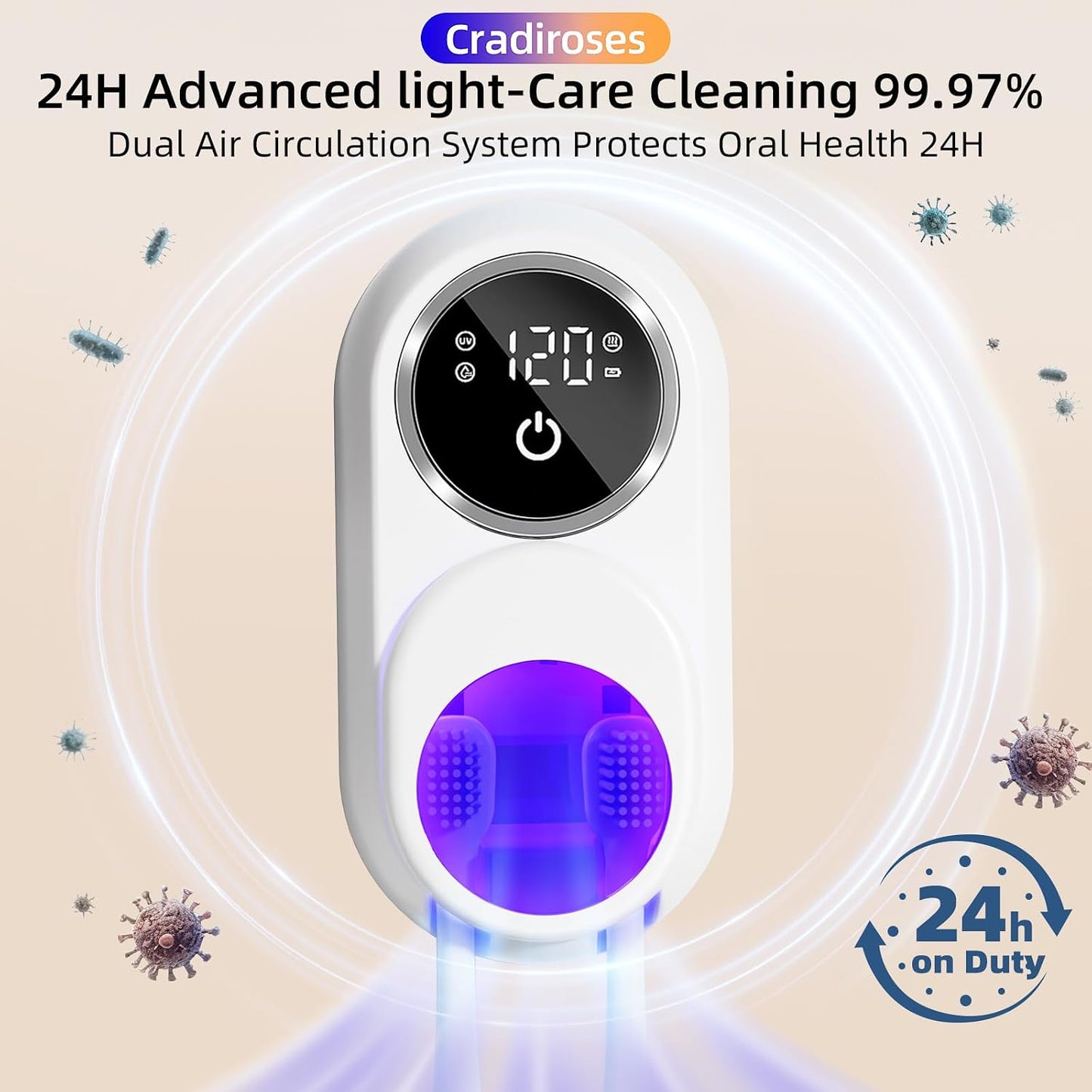 UV Toothbrush Sanitizer Holder, Auto-Sensor Wall-Mount Tooth Brush Cleaner with Heated Drying, 2 Slots LED Smart Screen for Bathroom (White)