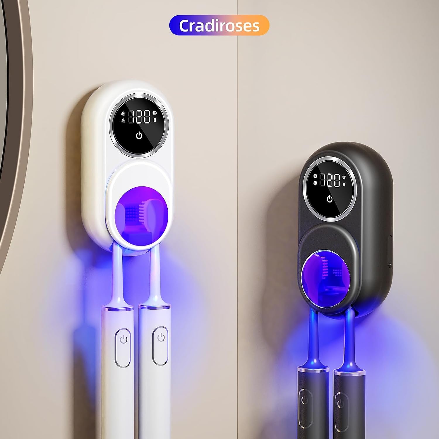 UV Toothbrush Sanitizer Holder, Auto-Sensor Wall-Mount Tooth Brush Cleaner with Heated Drying, 2 Slots LED Smart Screen for Bathroom (White)