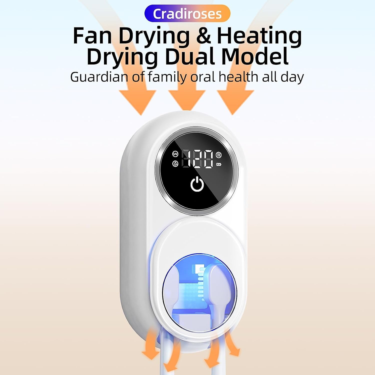 UV Toothbrush Sanitizer Holder, Auto-Sensor Wall-Mount Tooth Brush Cleaner with Heated Drying, 2 Slots LED Smart Screen for Bathroom (White)